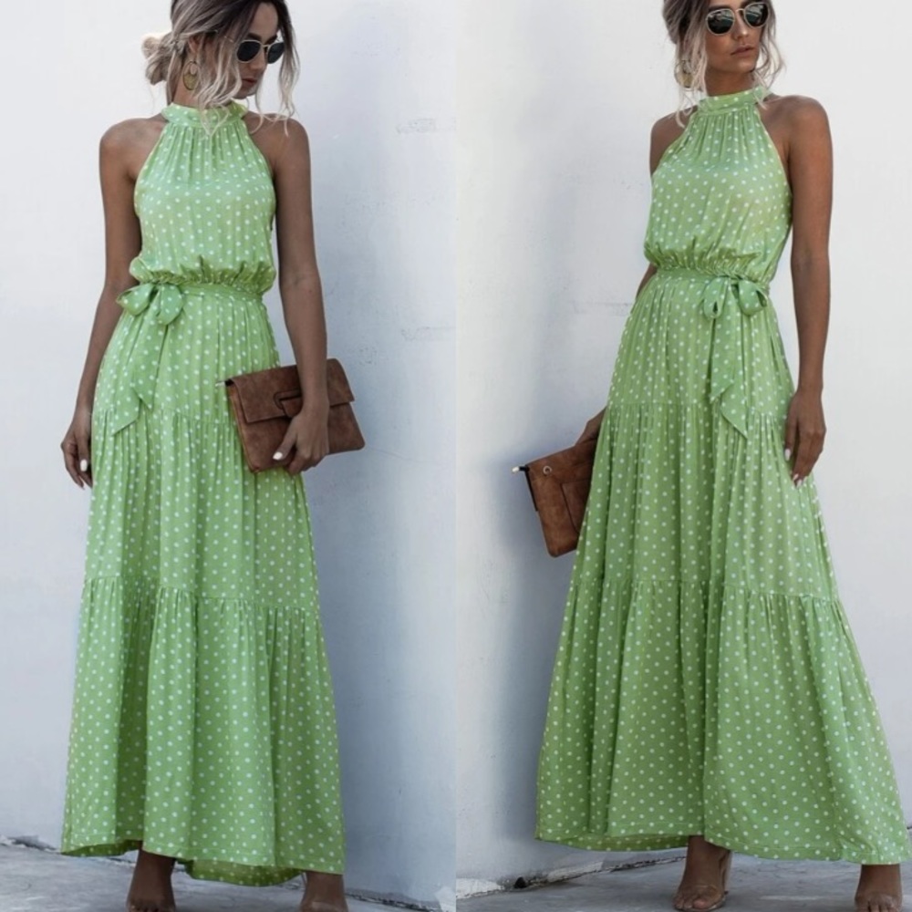 Boho green halter dot belted maxi dress - Picture 4 of 7